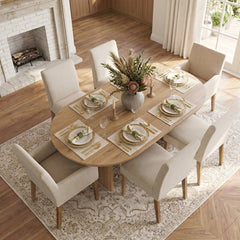Upholstered Dining Chairs, Set of 6, Beige Linen Blend with Natural Wood Legs