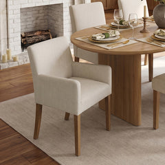 Upholstered Dining Chairs, Set of 6, Beige Linen Blend with Natural Wood Legs