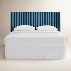Upholstered Headboard, King, Blue Striped Cotton, Wingback