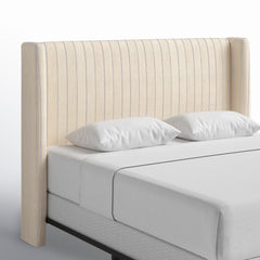Upholstered Headboard, King, Blue Striped Cotton, Wingback