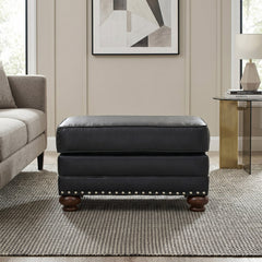 Upholstered Ottoman, Faux Leather with Nailhead Trim