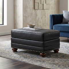 Upholstered Ottoman, Faux Leather with Nailhead Trim