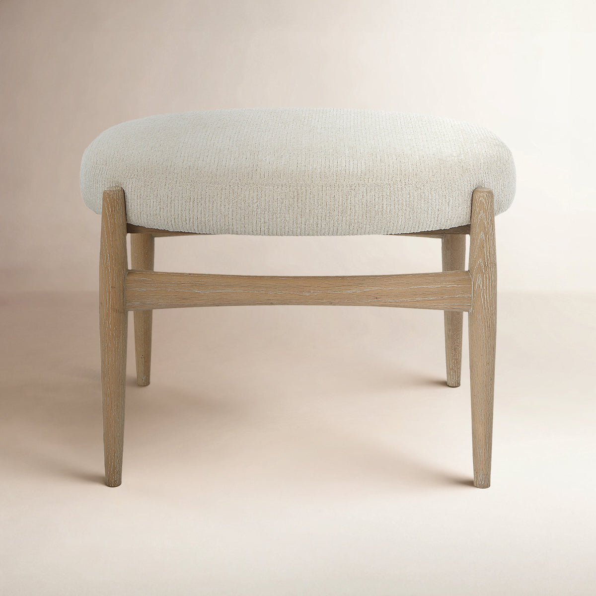 Upholstered Ottoman in Off White Polyester with Solid Oak Frame