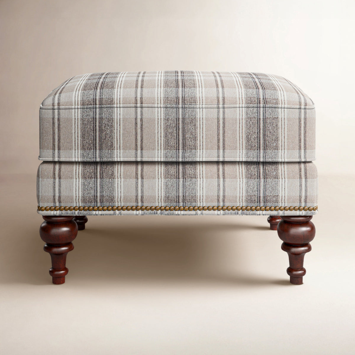 Upholstered Ottoman, White Striped Polyester Blend with Tobacco Legs