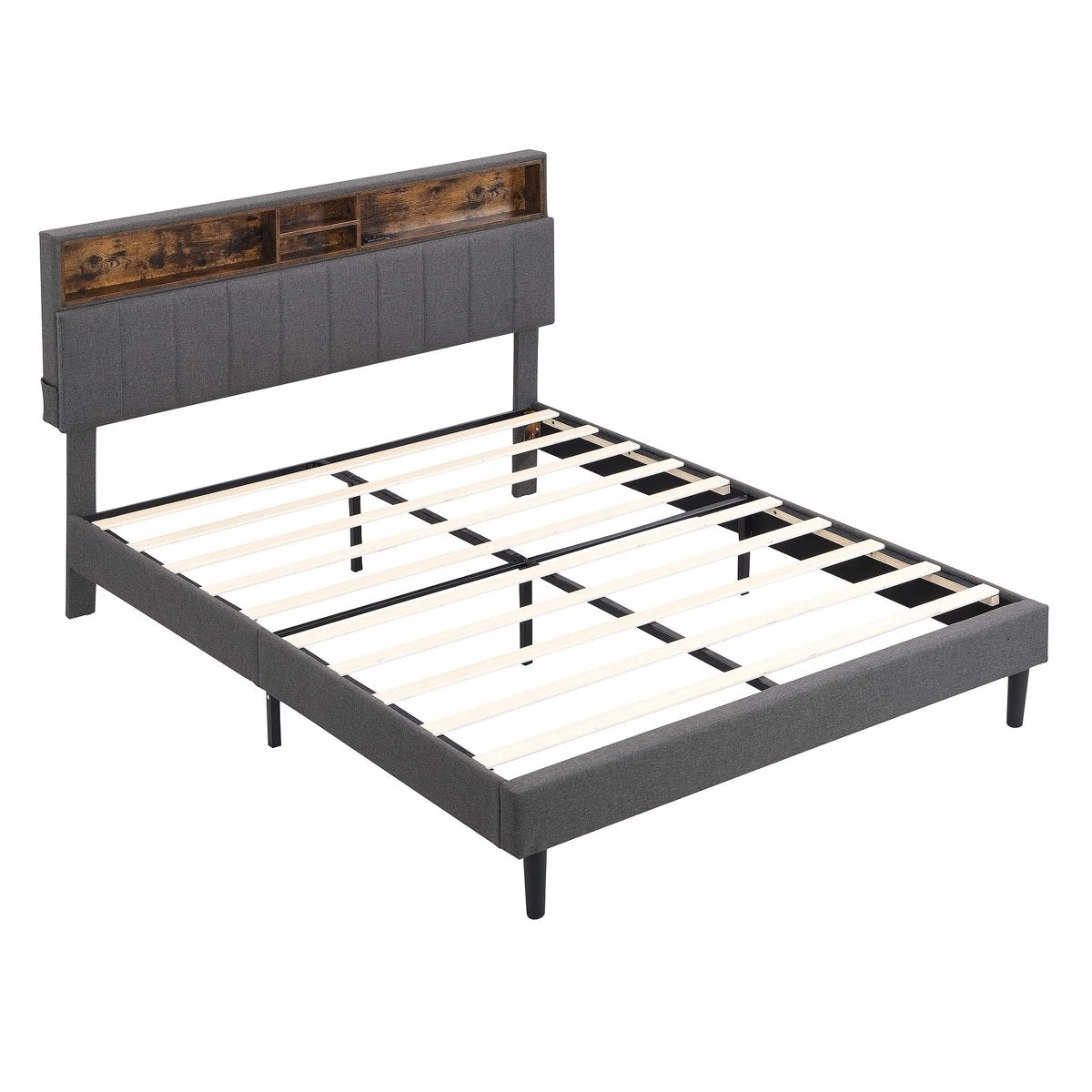 Upholstered Platform Bed, Queen, Gray with Storage Headboard
