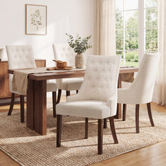 Upholstered Side Chairs, Set of 4, Beige Fabric with Walnut Brown Legs