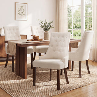 Upholstered Side Chairs, Set of 4, Beige Fabric with Walnut Brown Legs