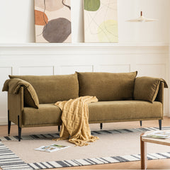 Upholstered Sofa, 3-Seater, Olive Linen, Black Metal Legs