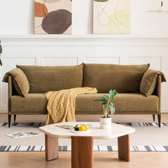 Upholstered Sofa, 3-Seater, Olive Linen, Black Metal Legs