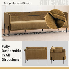 Upholstered Sofa, 3-Seater, Olive Linen, Black Metal Legs