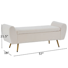 Upholstered Storage Bench, Velvet, 55.1 Inch, Ivory Teddy, Gold Metal Legs