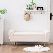 Upholstered Storage Bench, Velvet, 55.1 Inch, Ivory Teddy, Gold Metal Legs