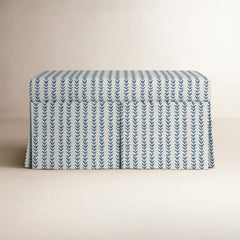 Upholstered Storage Bench with Flip-Top Lid in Vine Stripe Dusty Blue Fabric