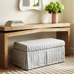 Upholstered Storage Bench with Flip-Top Lid in Vine Stripe Dusty Blue Fabric