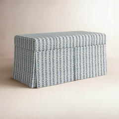 Upholstered Storage Bench with Flip-Top Lid in Vine Stripe Dusty Blue Fabric