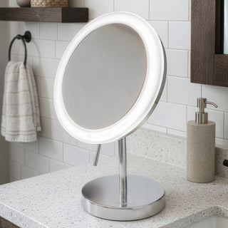 Vanity Mirror, Round Freestanding LED with 5X Magnification in Polished Chrome
