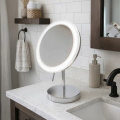 Vanity Mirror, Round Freestanding LED with 5X Magnification in Polished Chrome