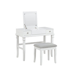 Vanity Set with Flip Up Mirror and Gray Upholstered Bench, White