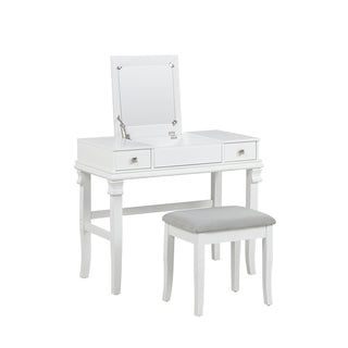 Vanity Set with Flip Up Mirror and Gray Upholstered Bench, White