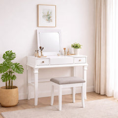 Vanity Set with Flip Up Mirror and Gray Upholstered Bench, White