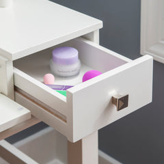 Vanity Set with Flip Up Mirror and Gray Upholstered Bench, White