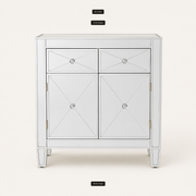 Overall dimensions | silver mirrored cabinet with 28 inch width, 28.25 inch height, and 13.25 inch depth