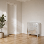 In scale | mirrored cabinet beside a fully visible floor-to-ceiling doorway