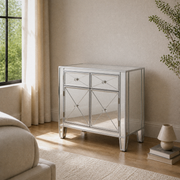 Second bedroom angle | silver mirrored cabinet from the right in the warm bedroom