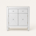 Front | straight-on studio view of the silver mirrored cabinet with two drawers and two doors
