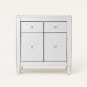 Front | straight-on studio view of the silver mirrored cabinet with two drawers and two doors