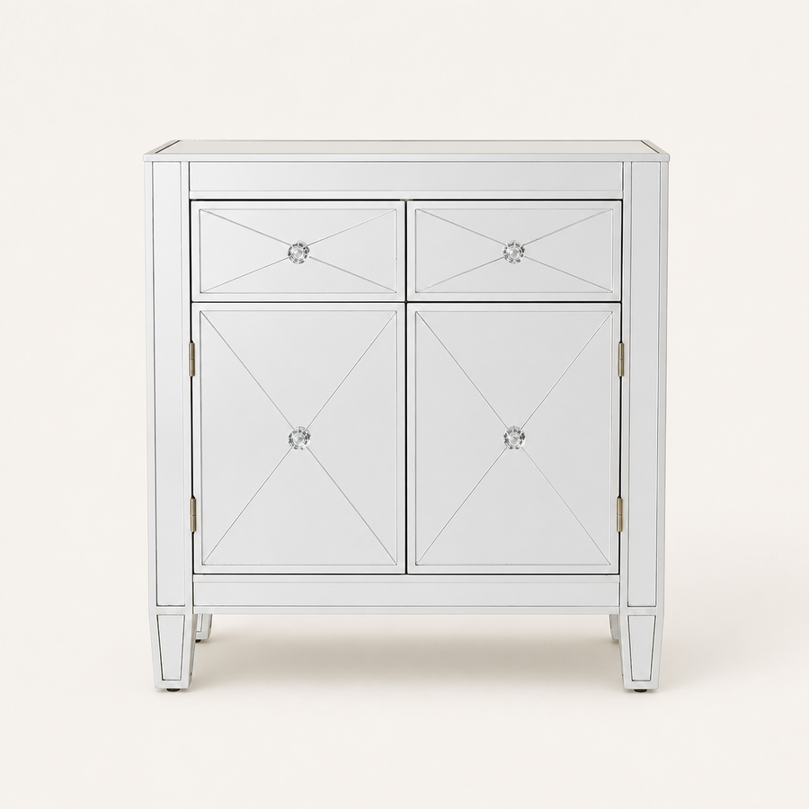 Front | straight-on studio view of the silver mirrored cabinet with two drawers and two doors