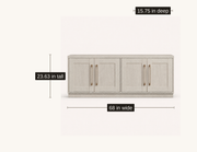 Dimensions | Alder White TV stand shown as 68 inches wide, 23.63 inches high, and 15.75 inches deep
