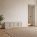 Scale | low Alder White TV stand beside a complete floor-to-ceiling interior doorway