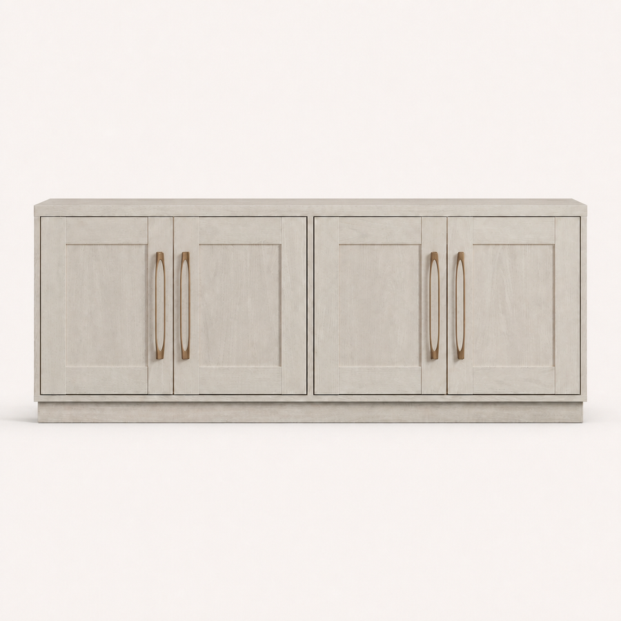 Front | straight-on studio view of the Alder White TV stand with four recessed-panel doors and four antique-brass pulls