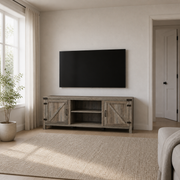 In scale | Gray-washed TV stand beneath a wall-mounted television with a full-height doorway