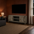 Terracotta media room | Gray-washed barn-door TV stand beneath a wall-mounted television