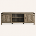Front studio | Gray-washed TV stand with two X-brace doors, dark hinges and open center shelves