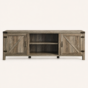 Front studio | Gray-washed TV stand with two X-brace doors, dark hinges and open center shelves