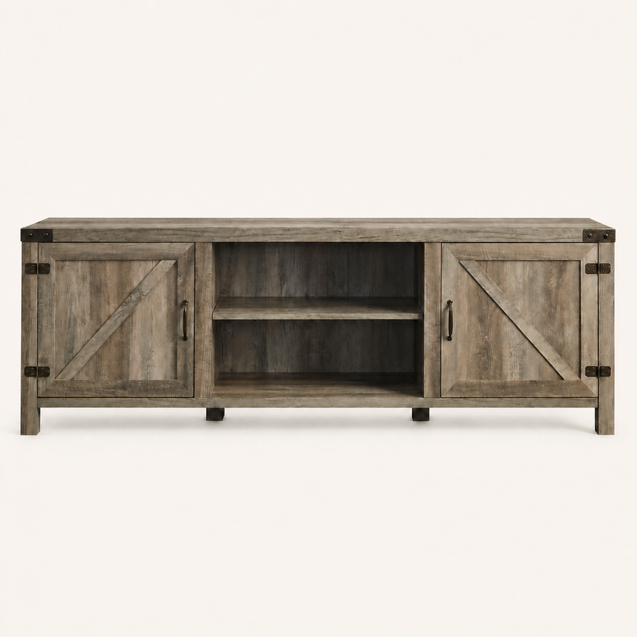 Front studio | Gray-washed TV stand with two X-brace doors, dark hinges and open center shelves