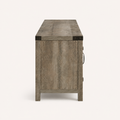Side studio | Gray-washed TV stand with left side panel and front barn-door hardware