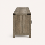 Side studio | Gray-washed TV stand with left side panel and front barn-door hardware
