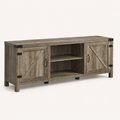 Left studio angle | TV stand showing the side panel, open center bay, X-brace doors and dark hardware
