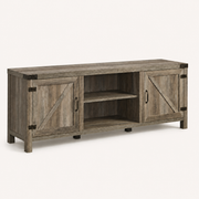 Left studio angle | TV stand showing the side panel, open center bay, X-brace doors and dark hardware