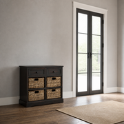 In scale | compact cabinet beside a full-height glass doorway