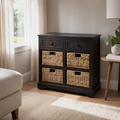 Living room | dark brown cabinet with two drawers and four wicker baskets beside a window