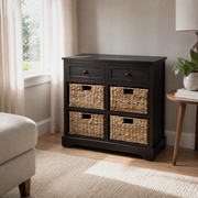 Living room | dark brown cabinet with two drawers and four wicker baskets beside a window