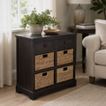 Living room angle | front-left view of the cabinet with four wicker baskets