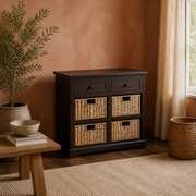 Terracotta room | cabinet with two drawers and four wicker baskets on a plain rug