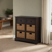 Sage entry | cabinet with two drawers and four wicker baskets near a bright window
