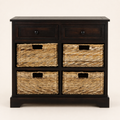 Studio front | dark brown cabinet with two drawers over four natural wicker baskets